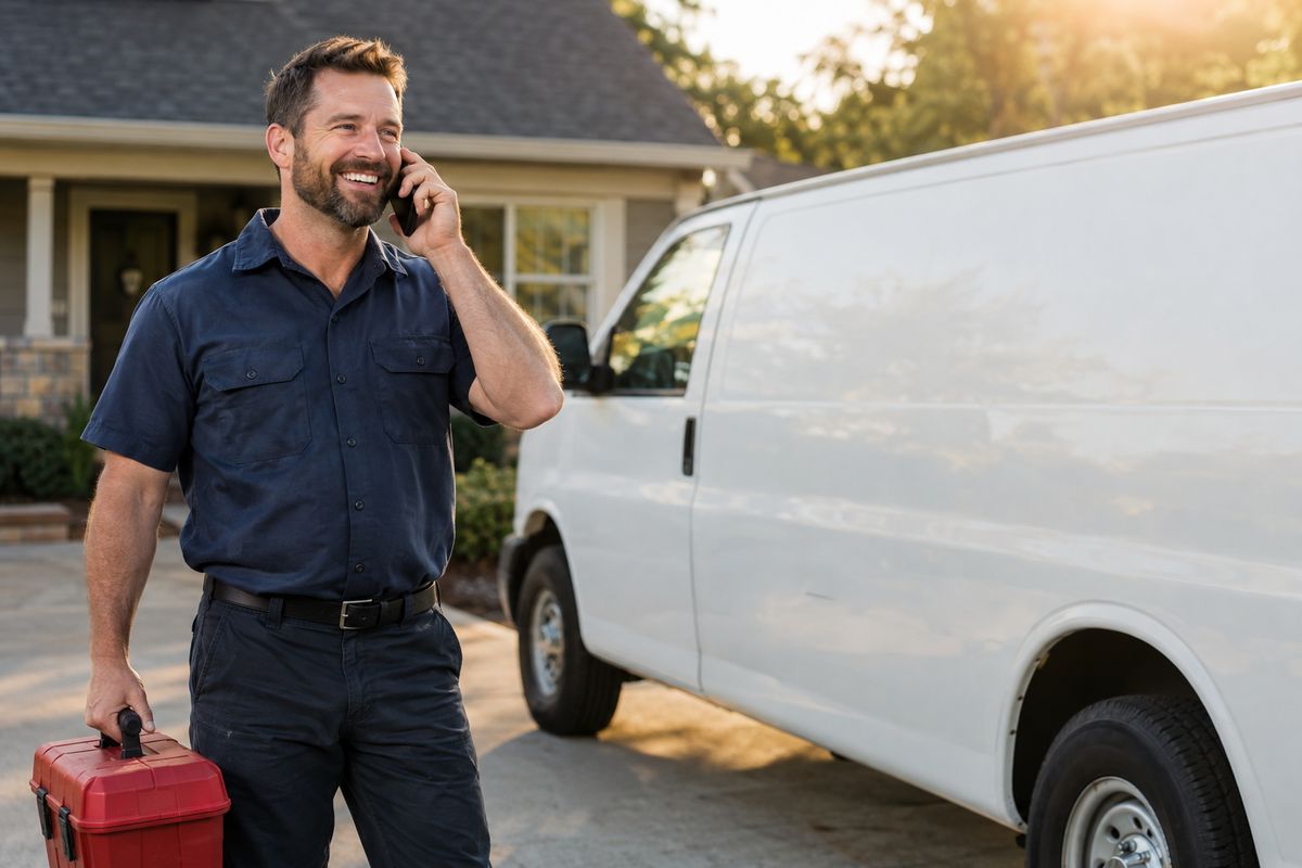 A plumber smiling as he takes a call next to his work van