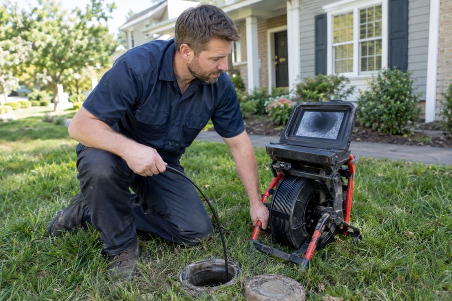 A plumber running a sewer camera into a cleanout in a front yard